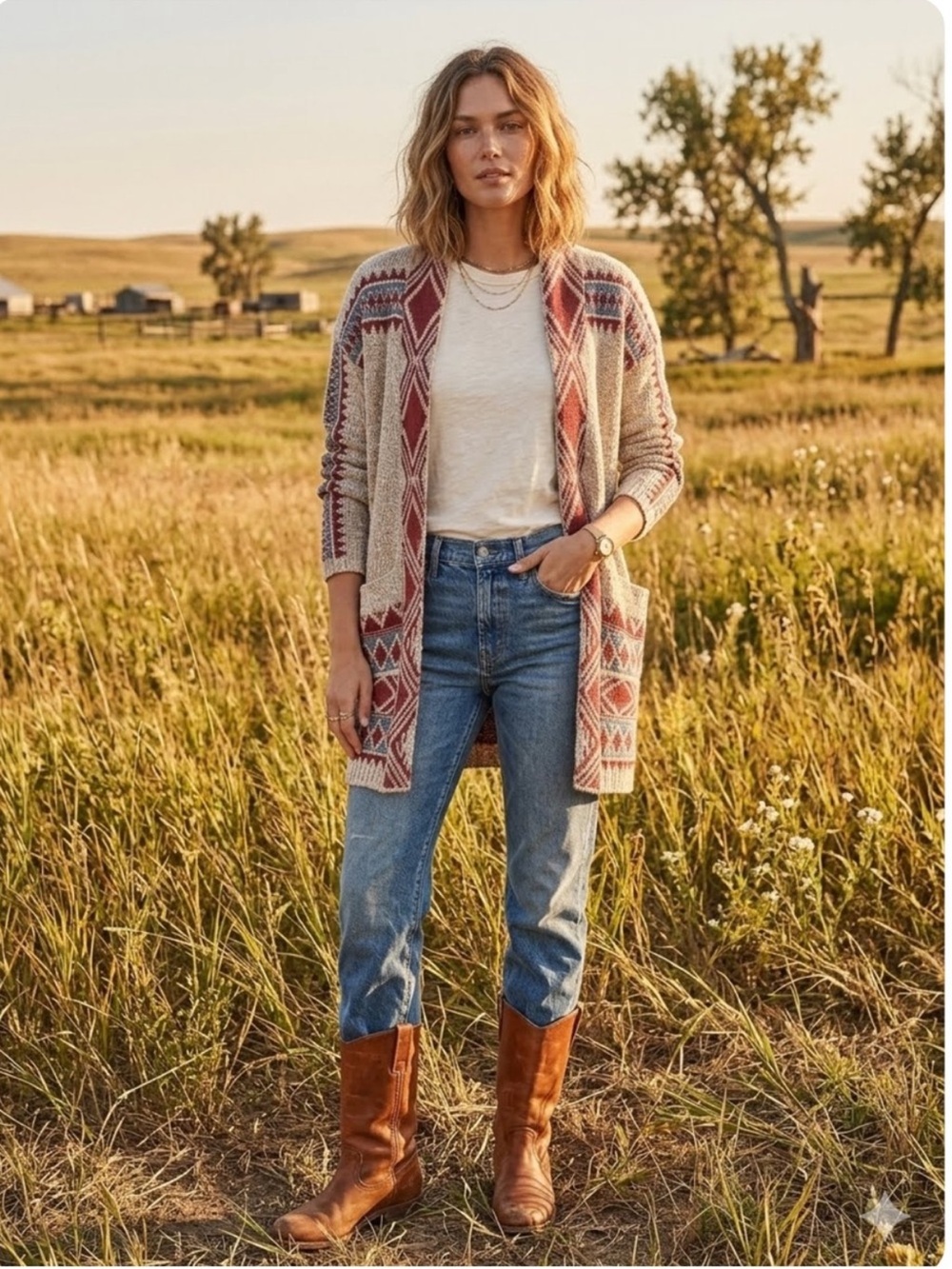 Lucky Brand Open Front Aztec Western Cardigan Sweater - Oatmeal/Red - L